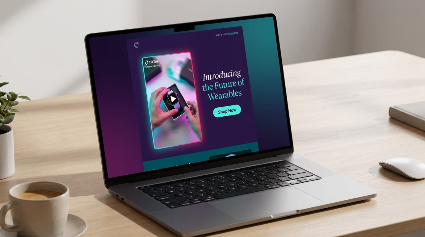 Animated GIF mockup showing a TikTok-style unboxing video playing inside a promotional email template