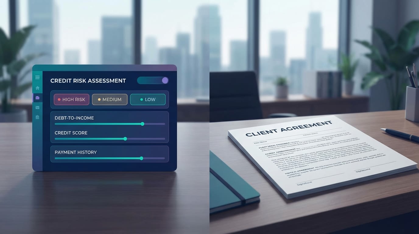 Business owner reviewing a credit risk assessment checklist alongside a client contract