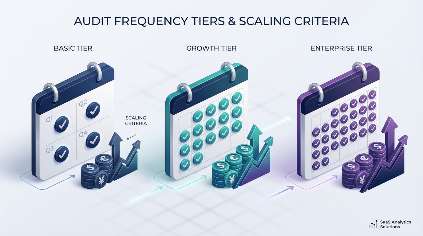 Calendar graphic showing tiered audit frequencies based on Shopify monthly recurring revenue and traffic