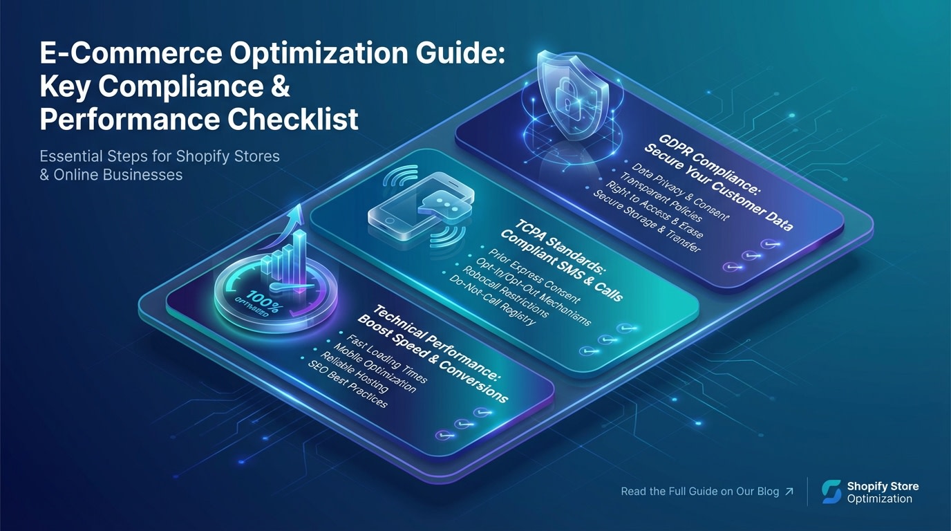 Checklist graphic showing GDPR compliance, TCPA standards, and technical performance metrics for Shopify stores