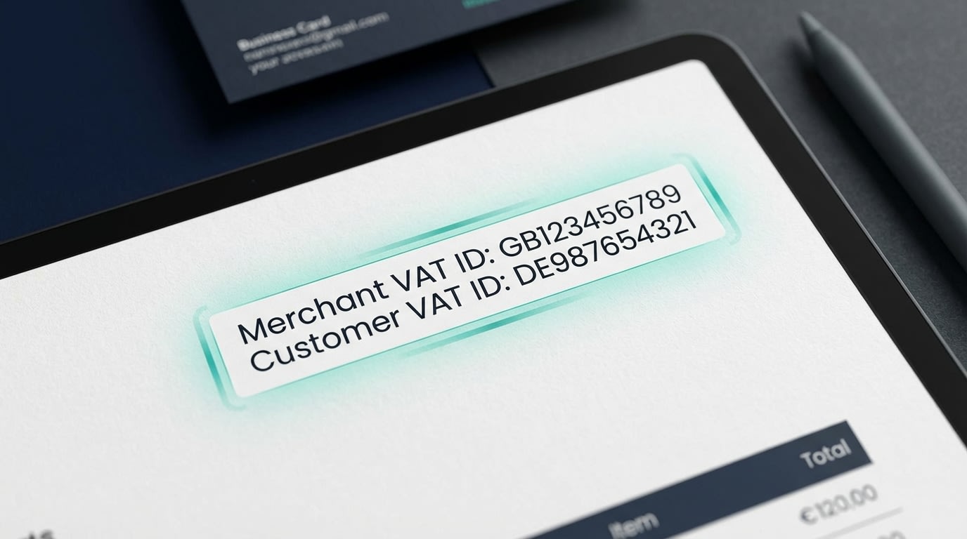 Close up of an invoice header highlighting the merchant and customer VAT ID fields