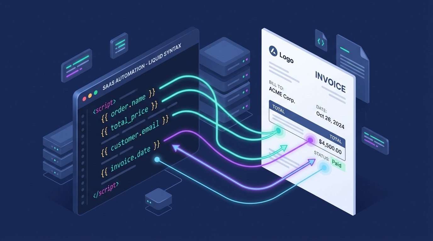 Code snippet illustration showing Liquid variables pulling data into a document template