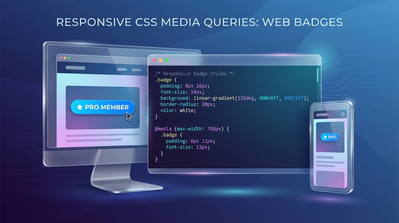 Code snippet showing CSS media queries for mobile-responsive badge styling