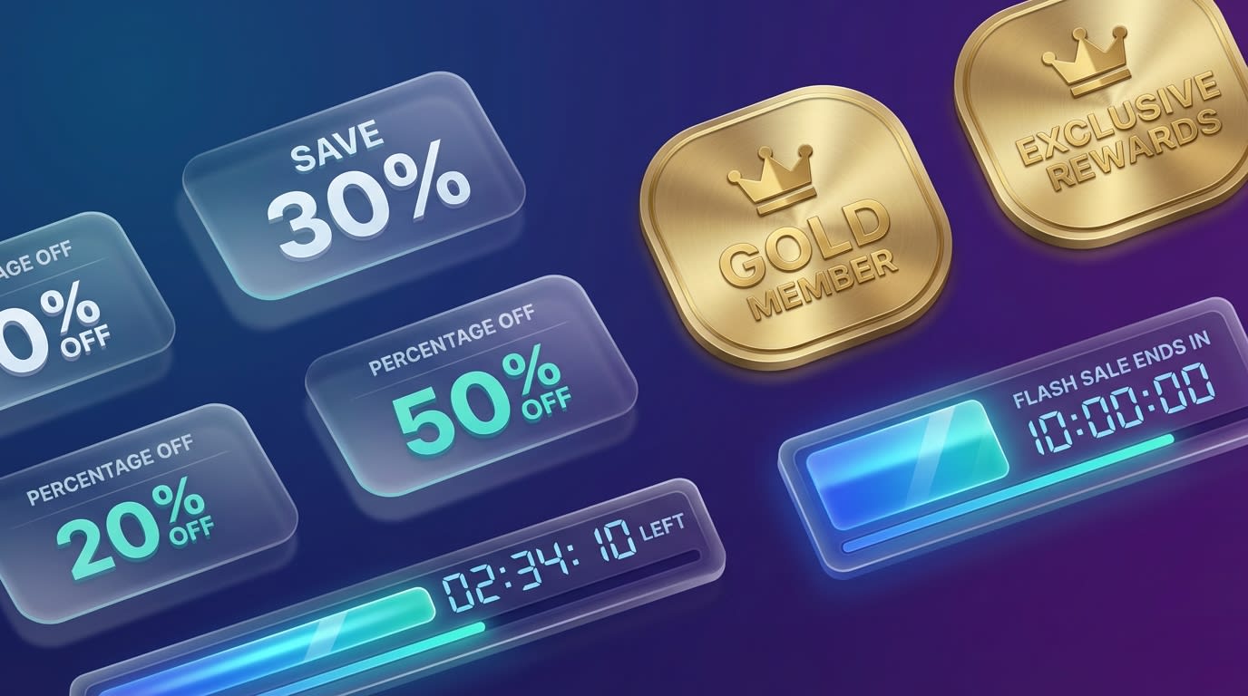 Collection of different subscription badge designs including percentage off, gold tier status, and countdown timers