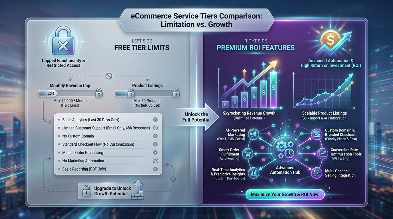Comparison chart showing Free tier limits vs Premium ROI features among top Shopify apps