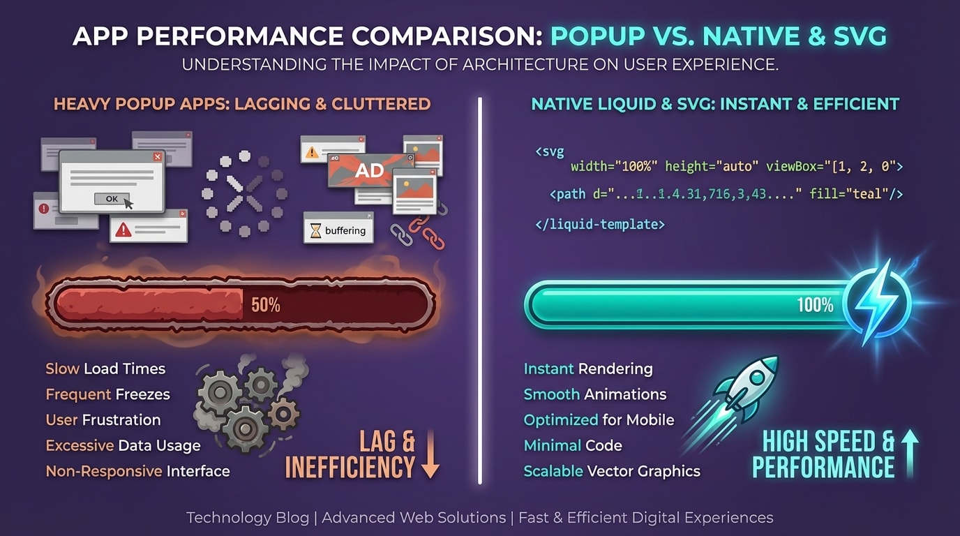 Comparison chart showing page load speeds of heavy popup apps vs native Liquid/SVG setups