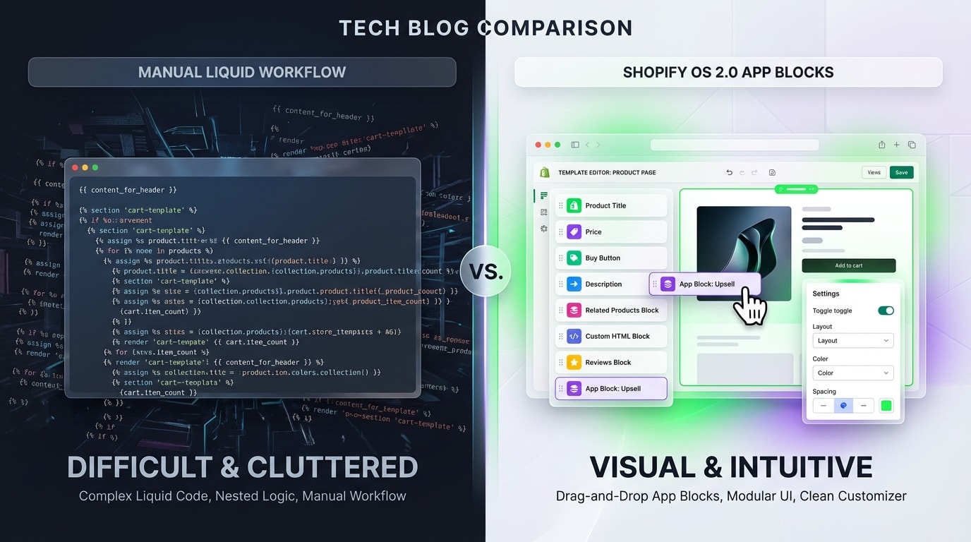 Comparison graphic showing messy Liquid code versus clean Shopify OS 2.0 App Block interface