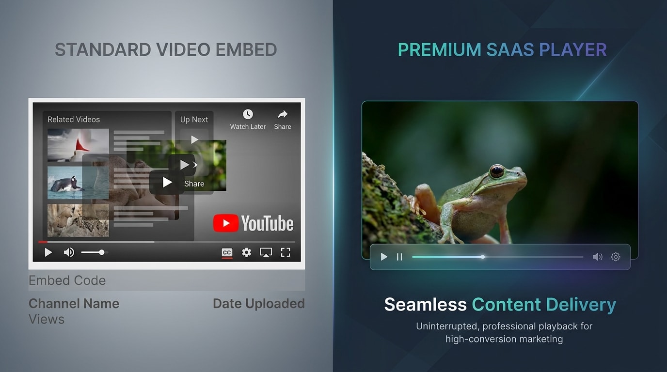 Comparison showing a clean WebM video player next to a standard YouTube embed with intrusive branding