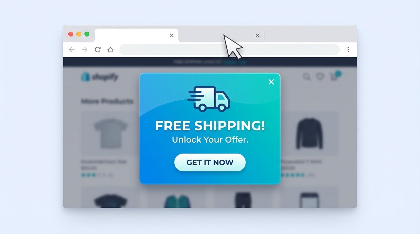 Cursor moving towards the browser close button, triggering an exit-intent popup offering free shipping