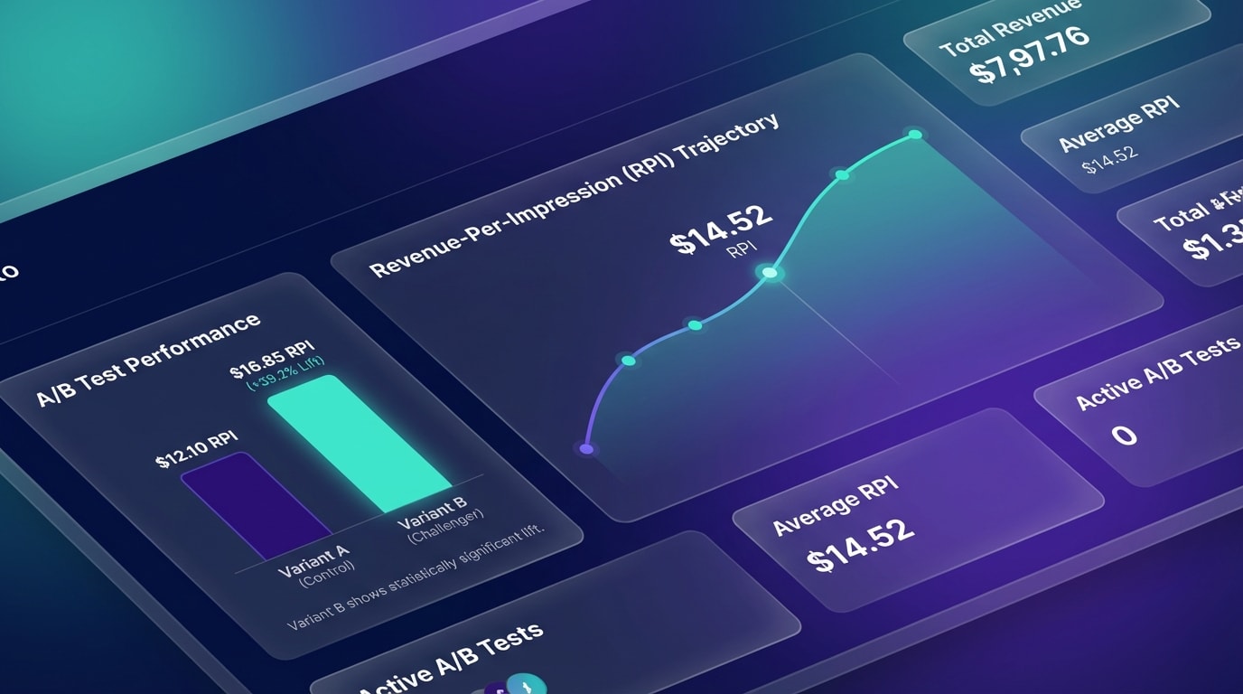 Dashboard interface showing Revenue-Per-Impression metrics and A/B test results
