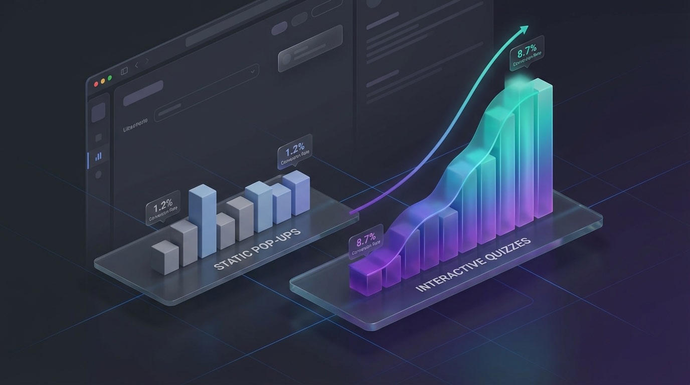 Data visualization showing average conversion rates of static pop-ups vs interactive quizzes on Shopify stores