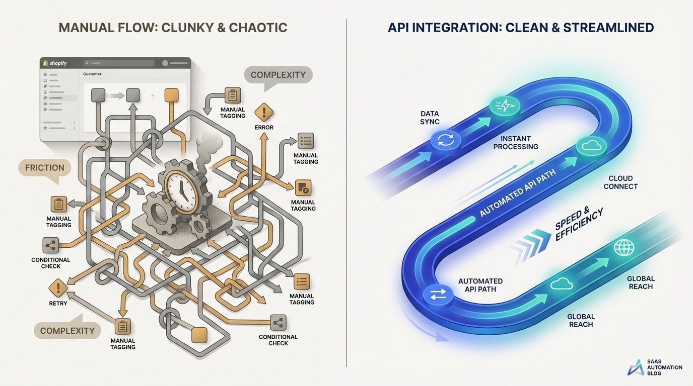 Diagram comparing clunky manual Shopify Flow tagging vs clean API integration