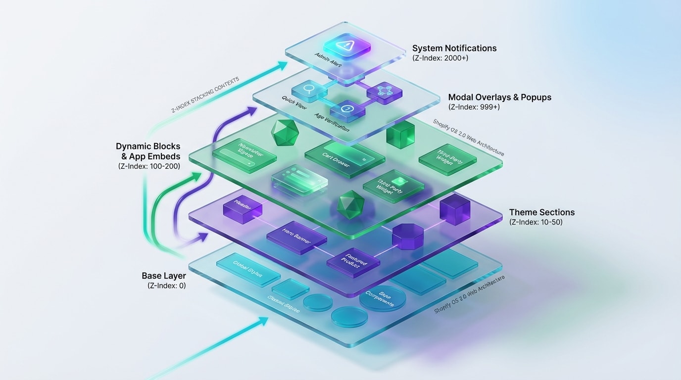 Diagram explaining z-index stacking contexts in Shopify OS 2.0 architecture