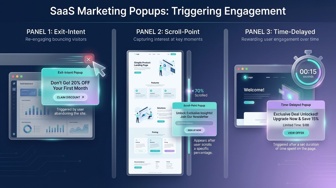 Diagram showing the difference between exit-intent, scroll-point, and time-delayed popup triggers