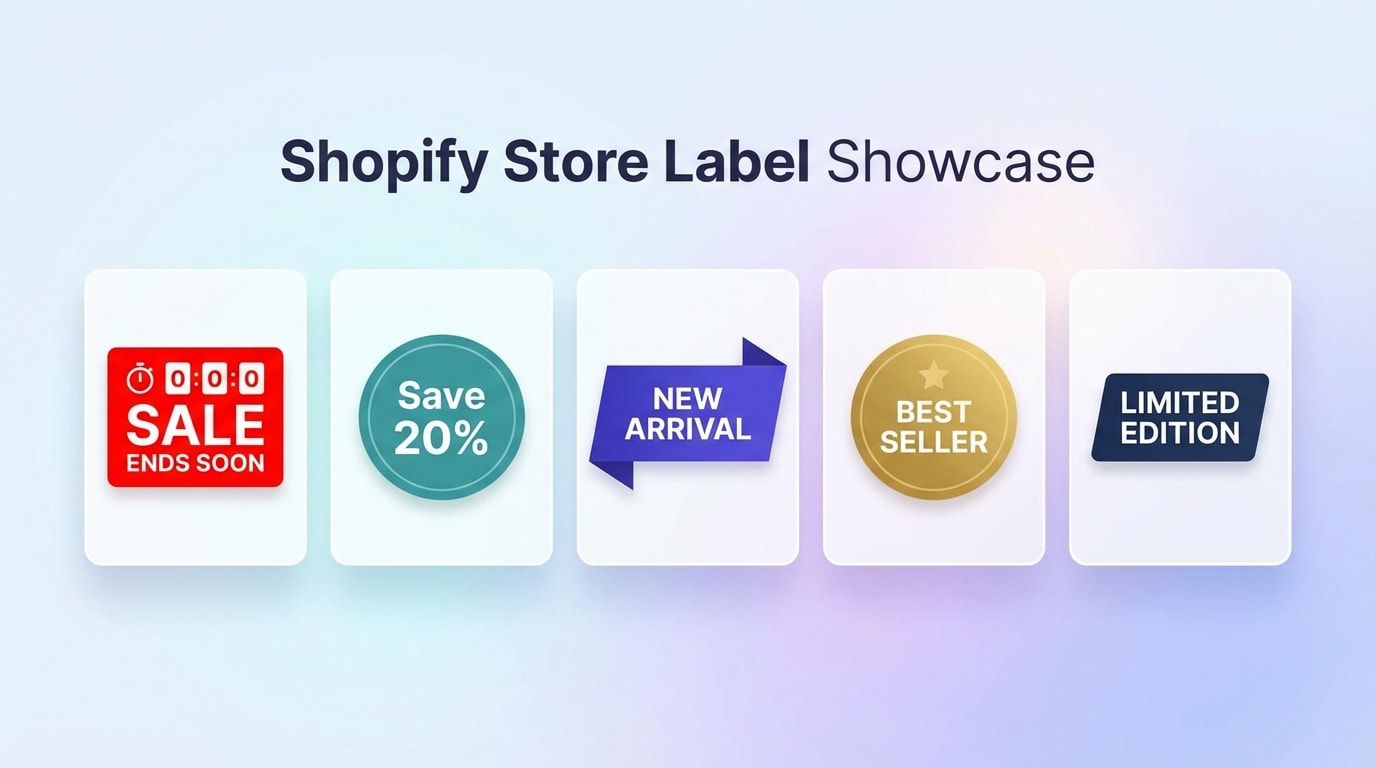 Five different styles of Shopify product labels ranging from bold FOMO timers to clean minimalist 'Save 20%' dots