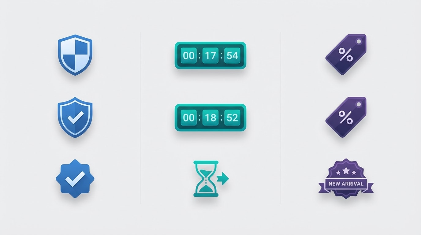 Grid visual showing three distinct categories of product badges: Trust icons, Urgency tags, and Promotional labels