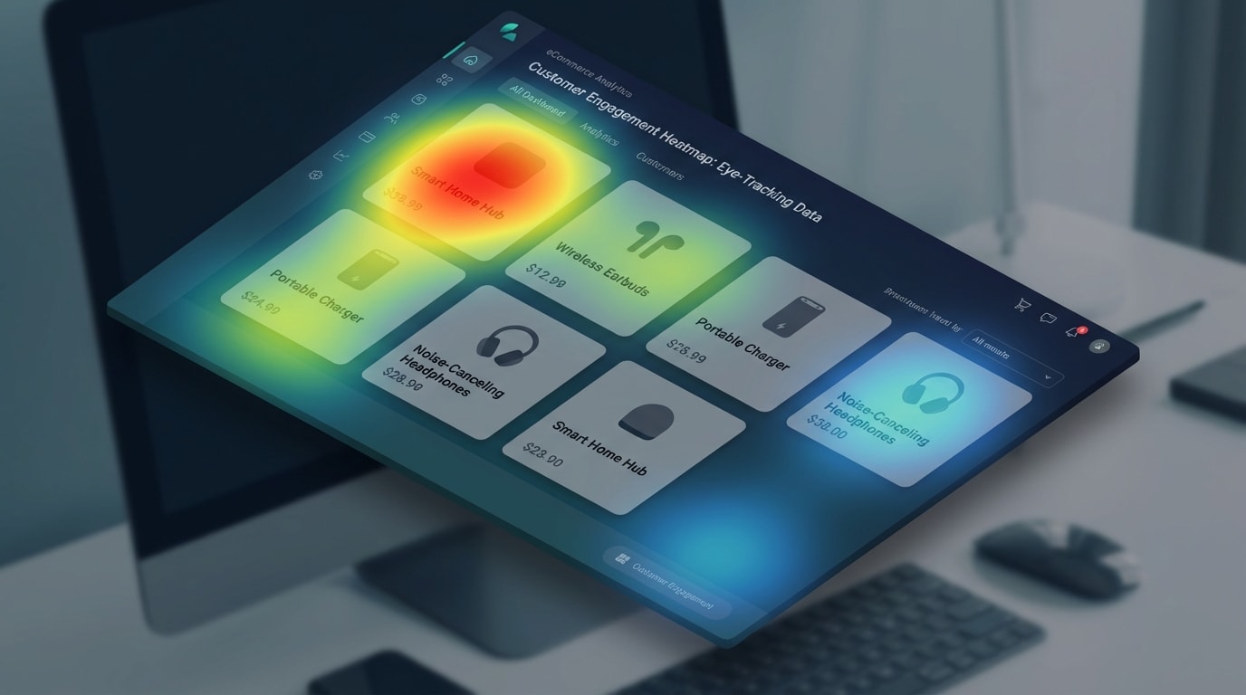 Heatmap showing customer eye-tracking naturally drawn to the top-left corner of a product grid