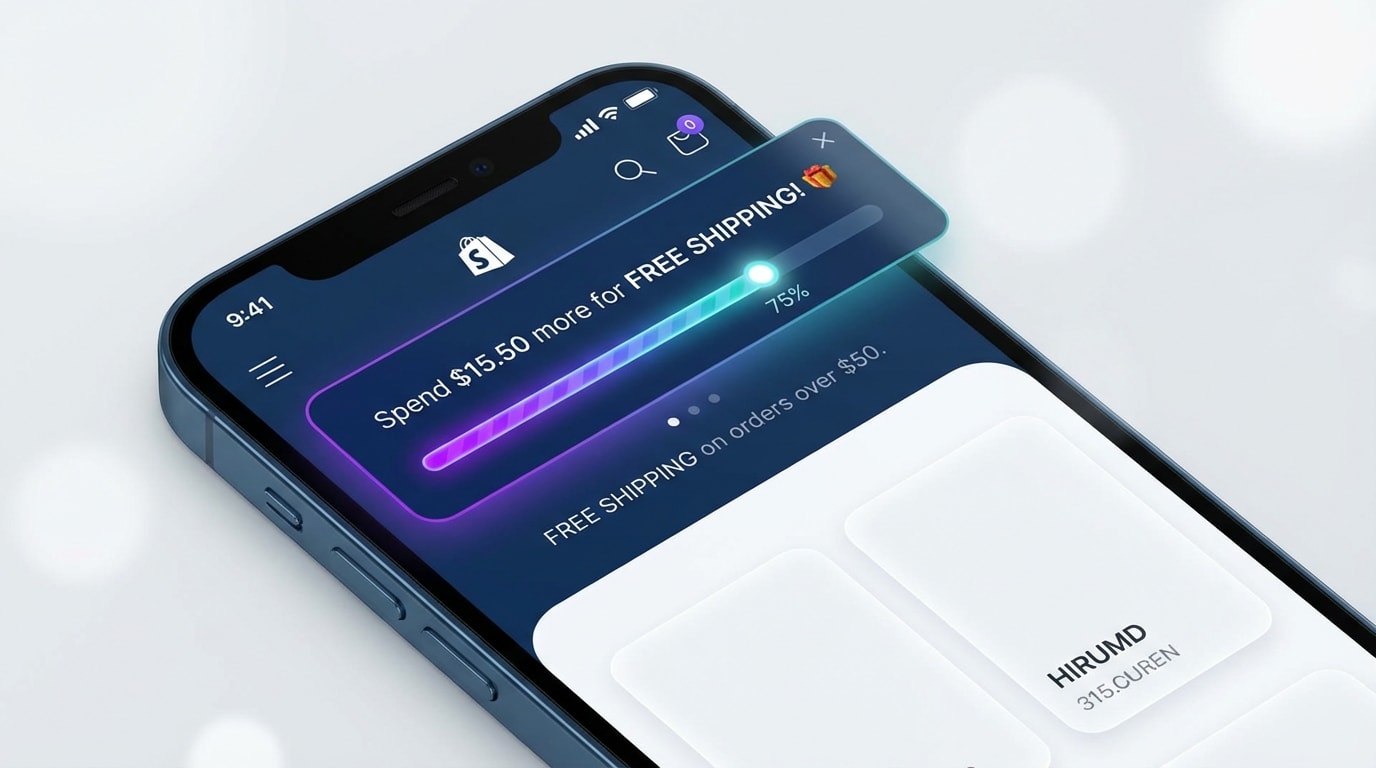 Mobile screen showing a dynamic Shopify popup calculating the exact dollar amount needed for free shipping