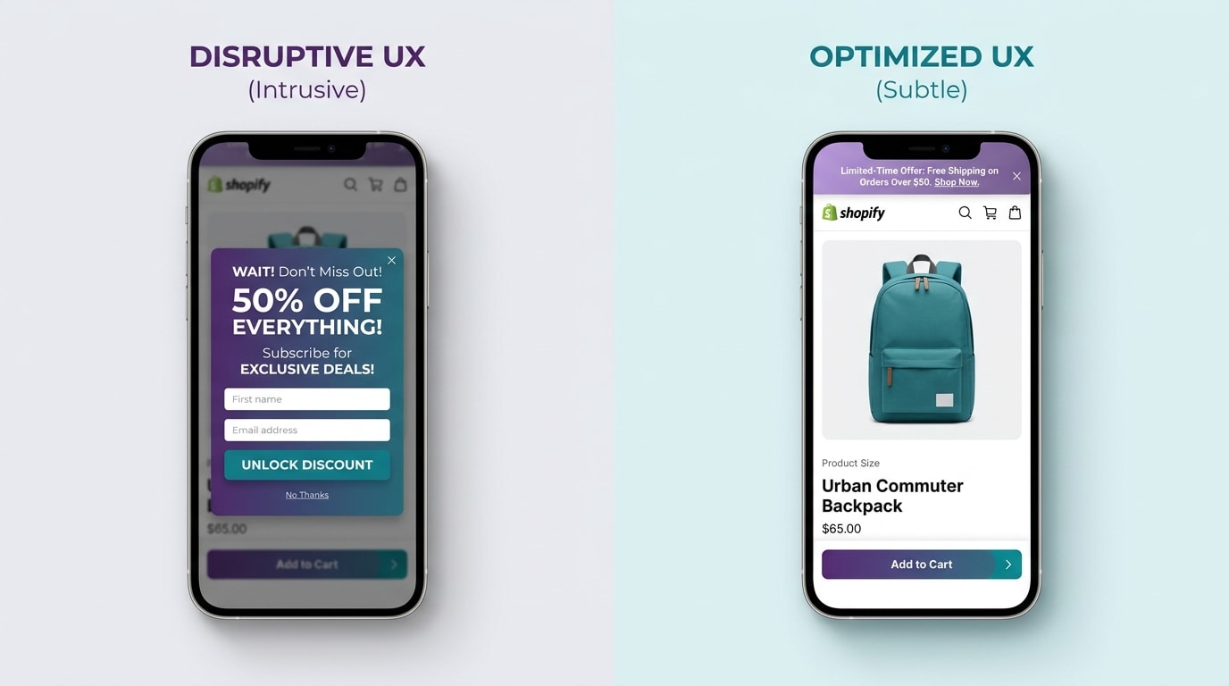 Mobile screen showing a side-by-side comparison of a full-screen popup versus a sleek top sticky bar on a Shopify product page