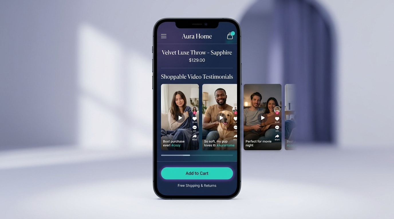 Mobile view of a Shopify product page featuring a scrolling gallery of TikTok-style customer videos