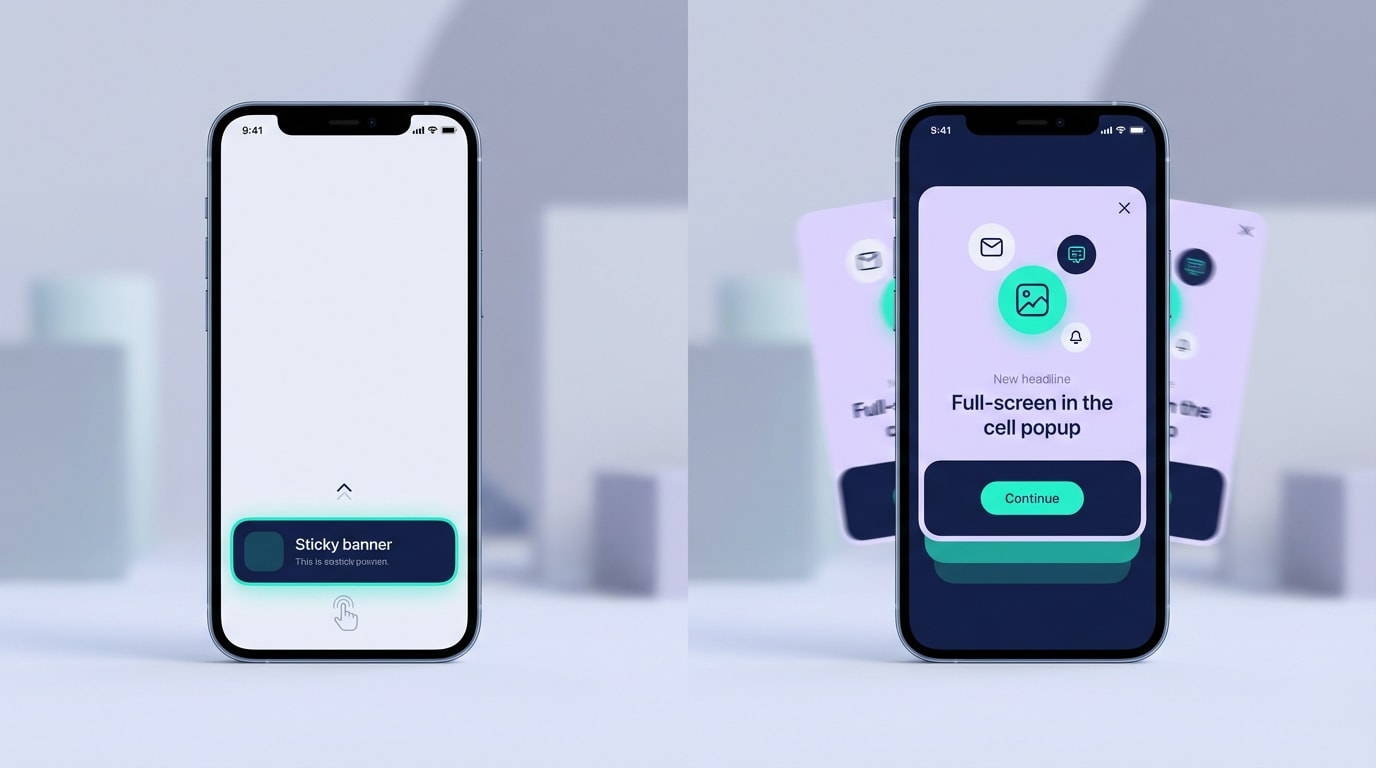 Mockup showing a small sticky banner expanding into a full popup only after a user taps it