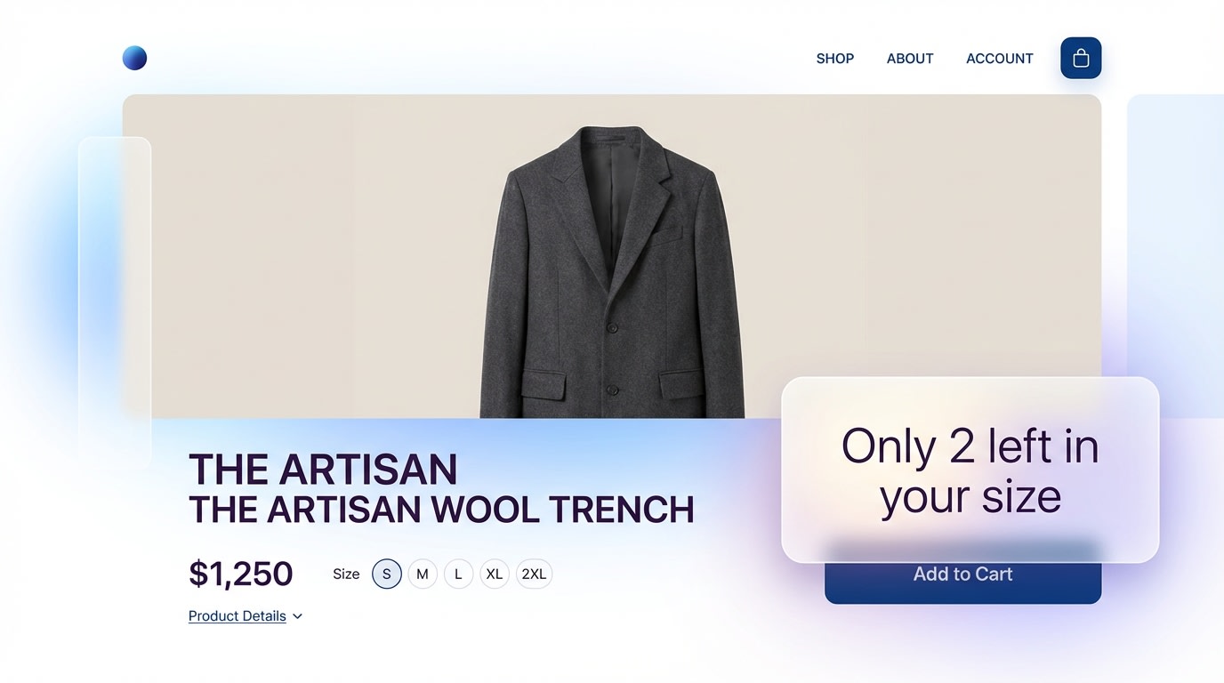 Screenshot of a high-end apparel product with a subtle "Only 2 left in your size" badge