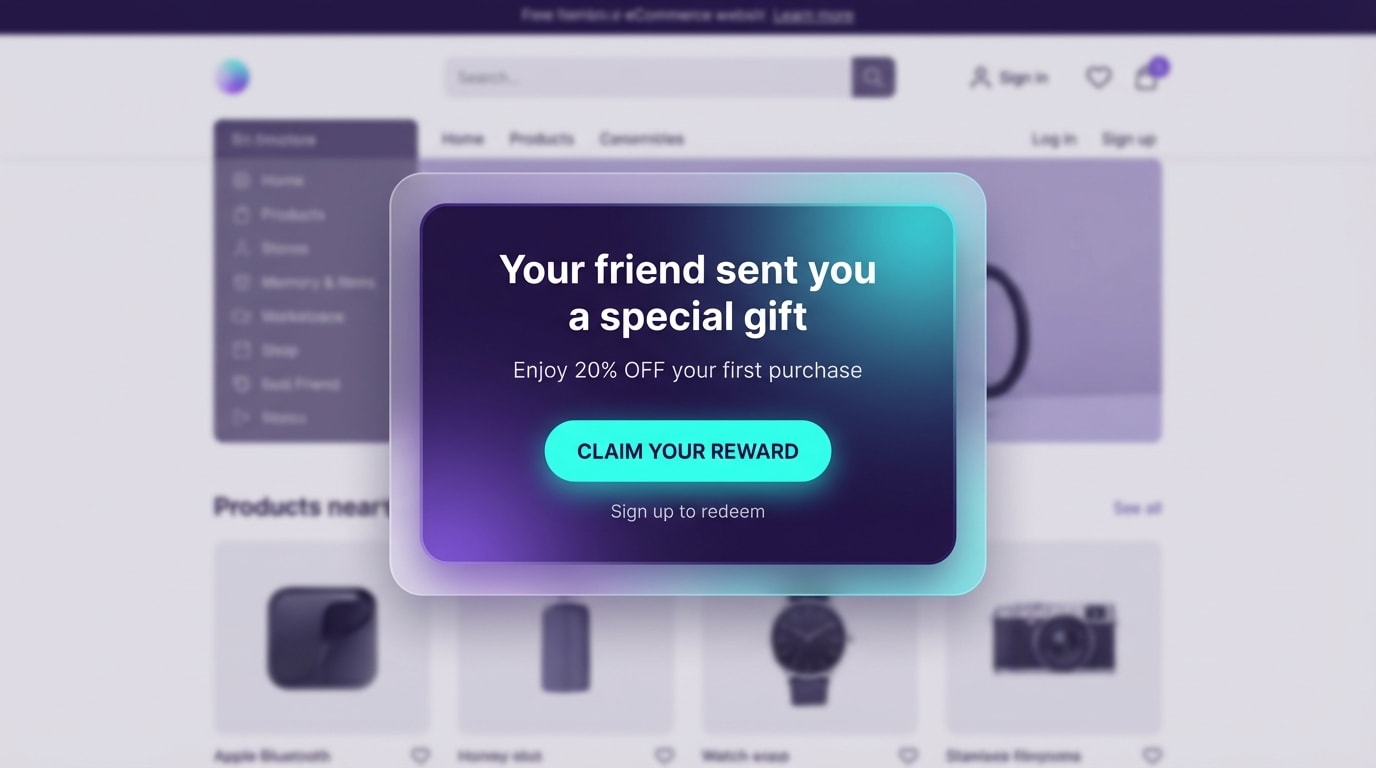 Screenshot of a highly personalized referral welcome popup greeting a new visitor referred by a specific friend