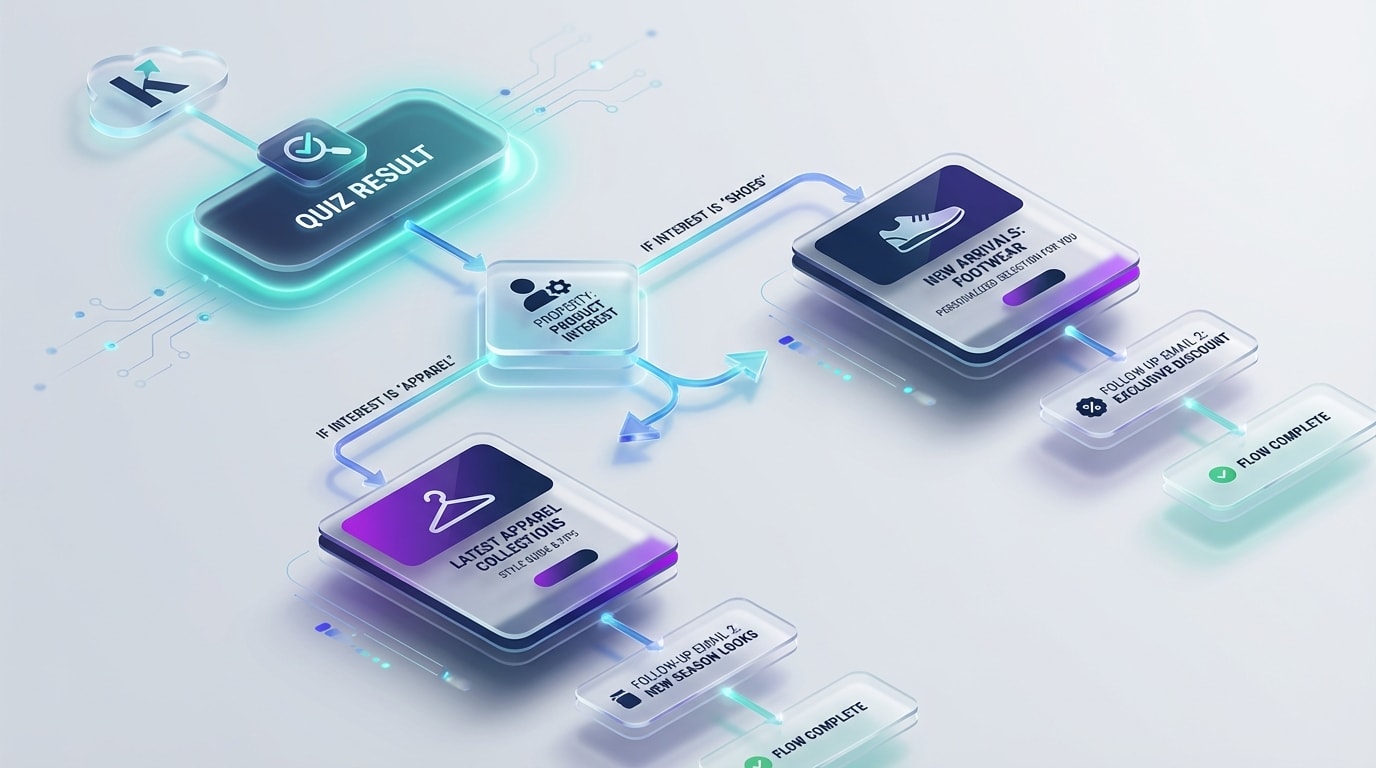Screenshot of a Klaviyo flow triggered by a specific custom property from a quiz answer