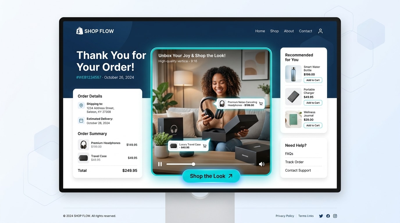 Screenshot of a Shopify order confirmation page featuring a shoppable video widget showcasing happy customers