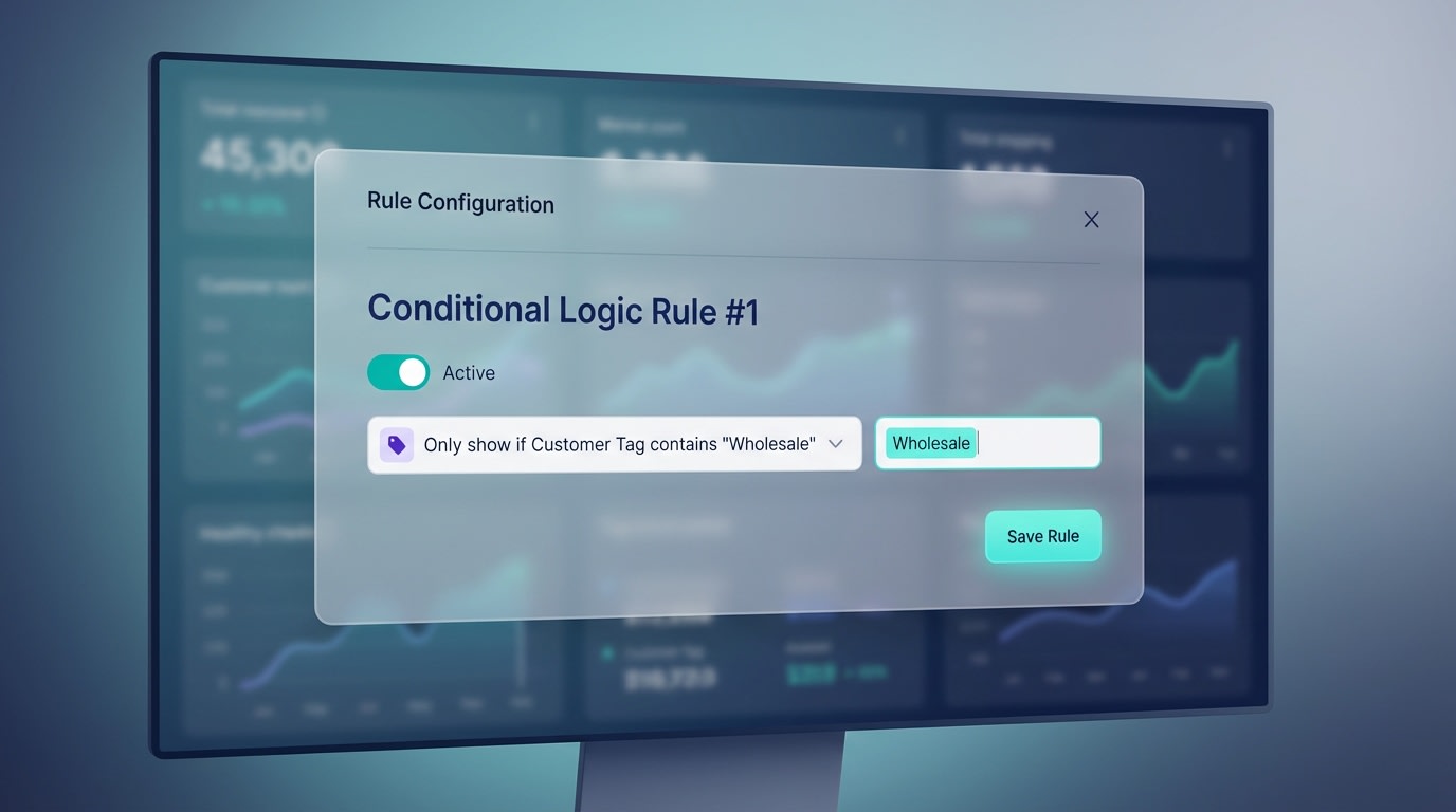 Screenshot of an app settings dashboard showing a rule set to 'Only show if Customer Tag contains Wholesale'