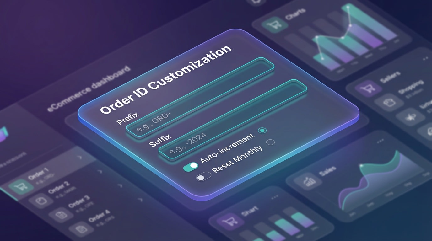 Screenshot of the Shopify Admin Settings showing the Order ID prefix and suffix customization fields