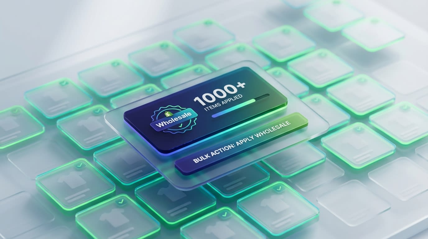 Screenshot showing bulk selection of 1000+ SKUs in Shopify being assigned a specific wholesale product badge simultaneously