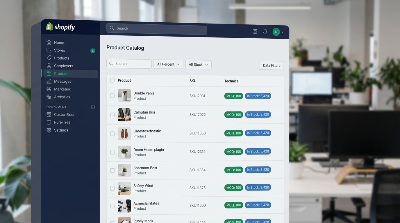 Shopify admin dashboard showing wholesale catalog with operational badges like MOQ and Stock Levels highlighting technical B2B data