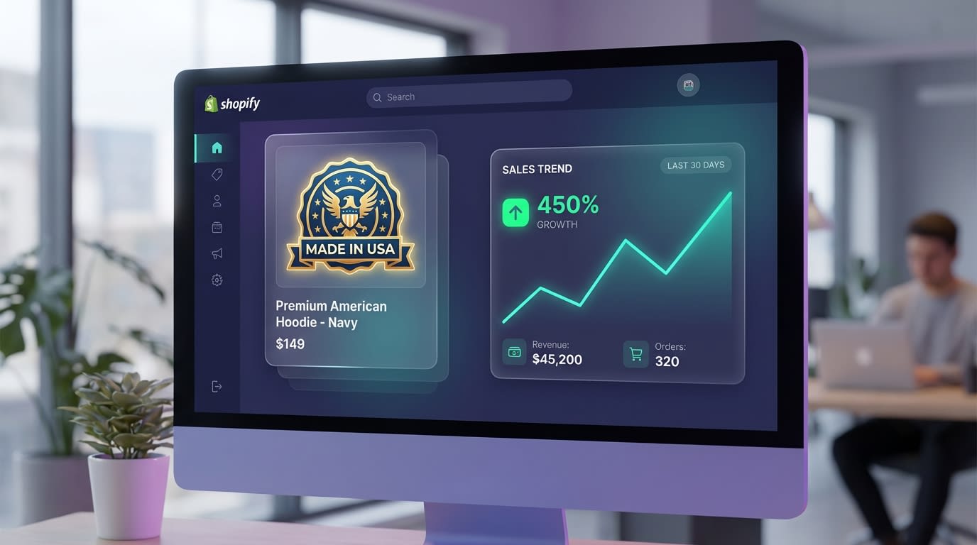 Shopify admin dashboard showing a product card with a high-quality vector Made in USA badge next to an analytics chart indicating rising conversions