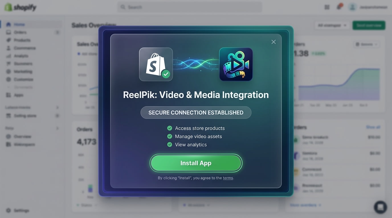 Shopify App store install screen for ReelPik showing the authentication prompt