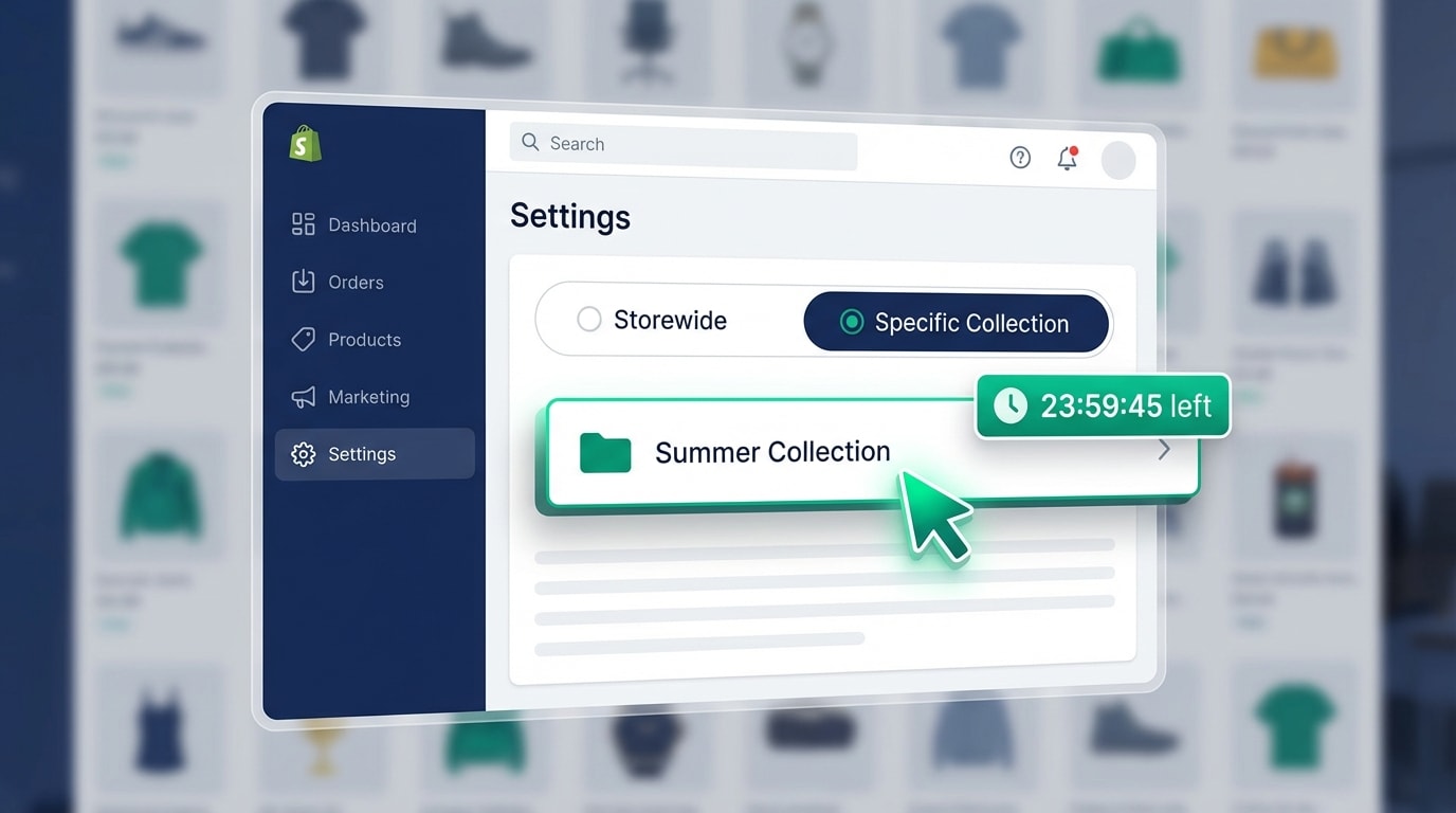 Shopify dashboard showing how to assign a countdown badge to a specific product collection rather than the entire store