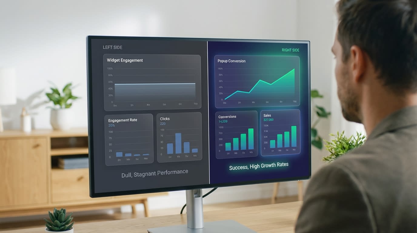 Shopify merchant comparing low widget engagement vs high popup conversion rates on an analytics dashboard
