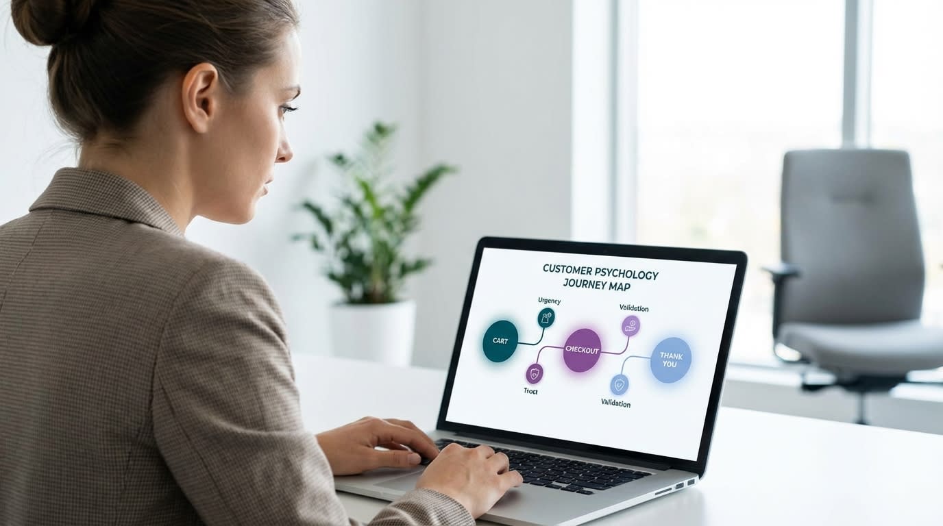 Shopify merchant looking at a laptop screen showing a customer psychology journey map from cart to thank you page