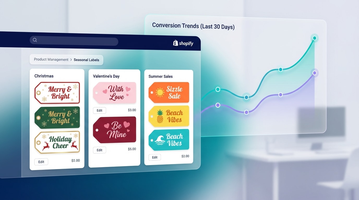 Shopify product page showing different seasonal gift labels with a conversion analytics chart in the background