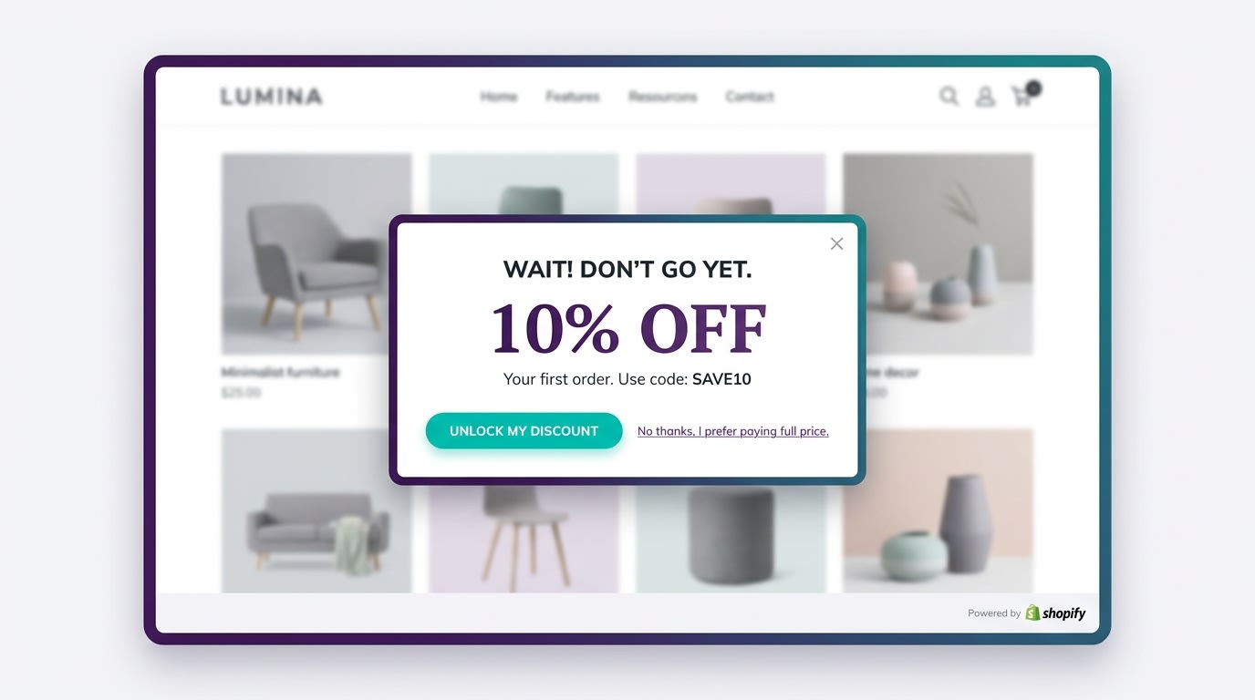 Shopify store showing a clean, well-timed exit intent popup offering a 10 percent discount