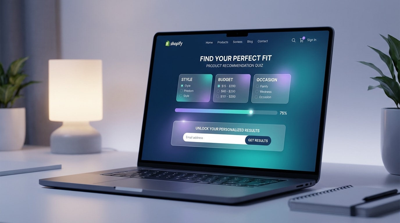 Shopify store showing a personalized product recommendation quiz capturing an email address
