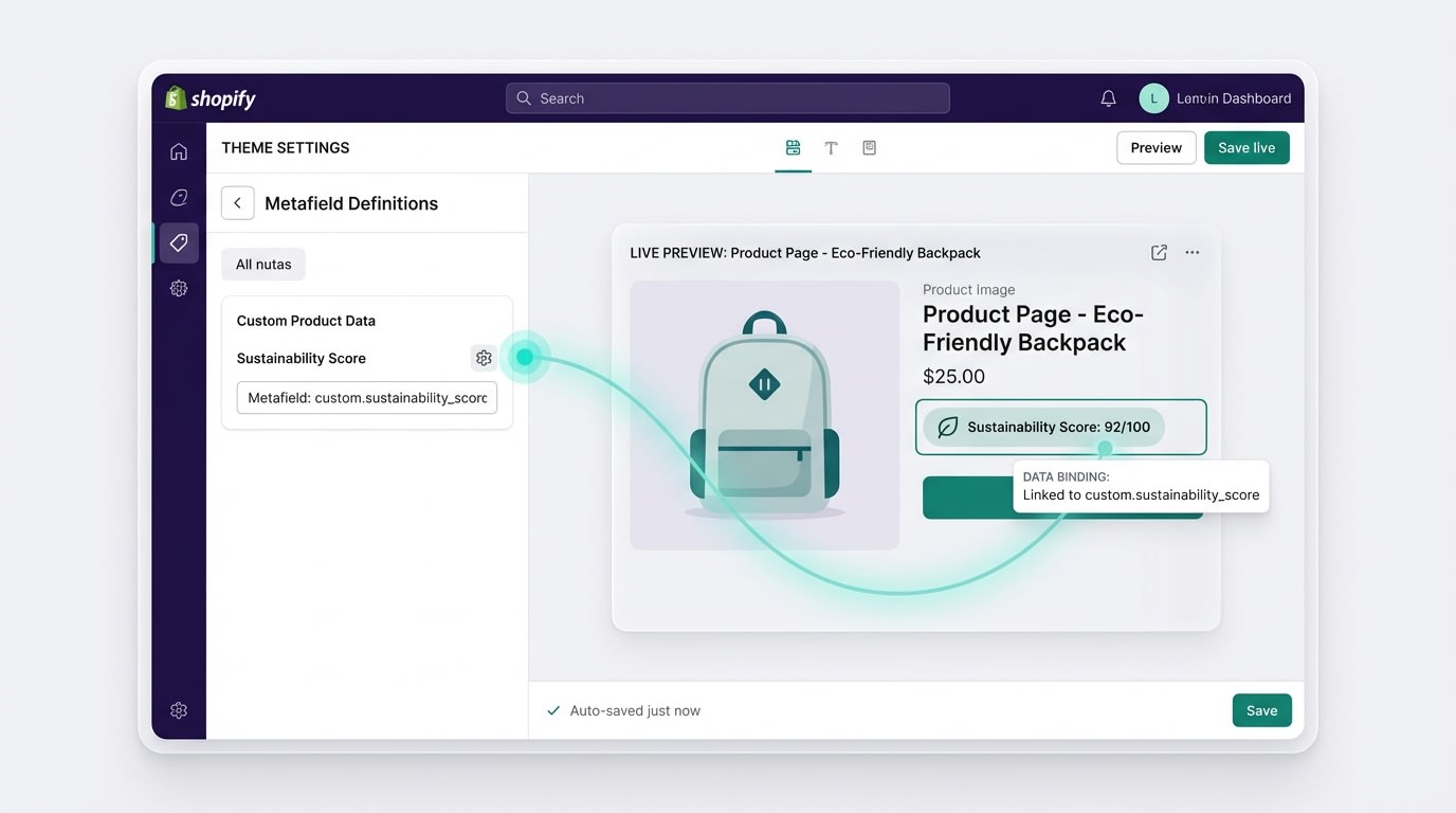 Shopify Theme Editor interface showing a custom metafield definition being linked to a product block