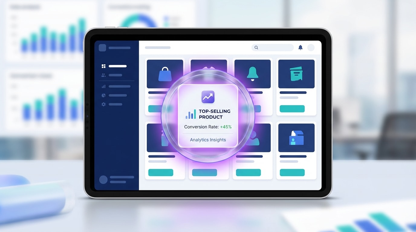 Shopper looking at a digital device with a magnifying glass hovering over a highlighted top-selling product in a grid