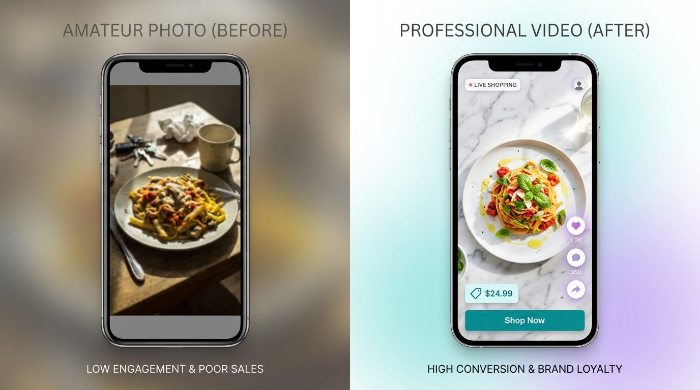 Side-by-side comparison of a messy, poorly lit customer food photo vs a bright, well-styled shoppable UGC video on a Shopify store