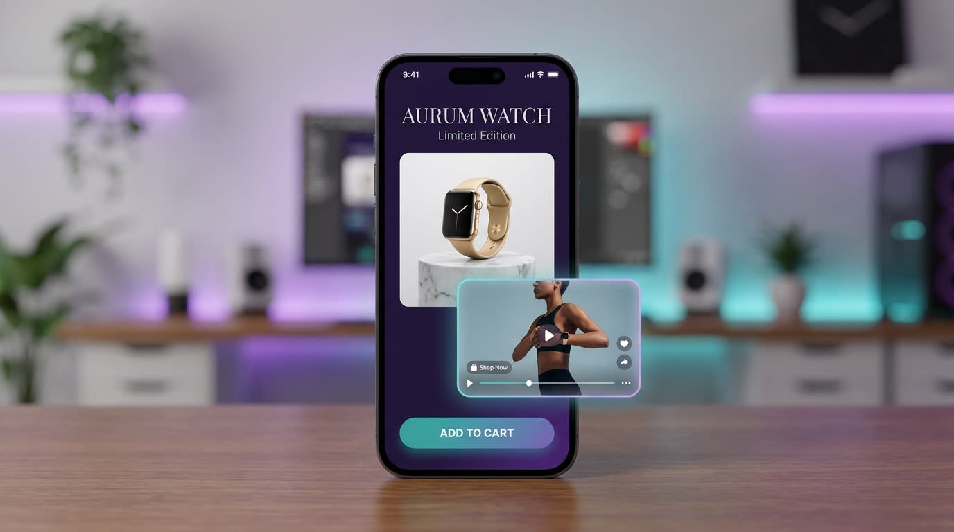 Smartphone displaying a Shopify product page with a shoppable video widget floating seamlessly over the add-to-cart button