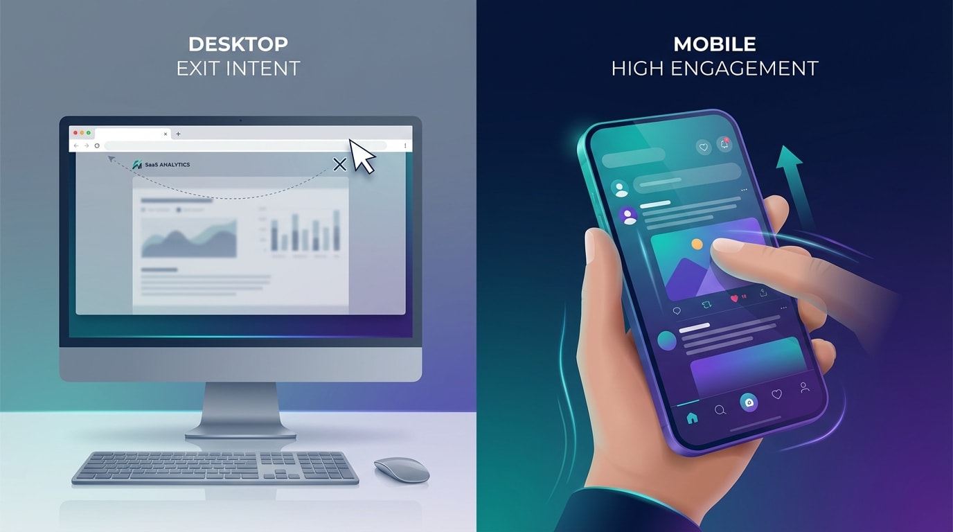 Split screen graphic showing a desktop cursor leaving the browser window versus a mobile thumb scrolling rapidly upwards