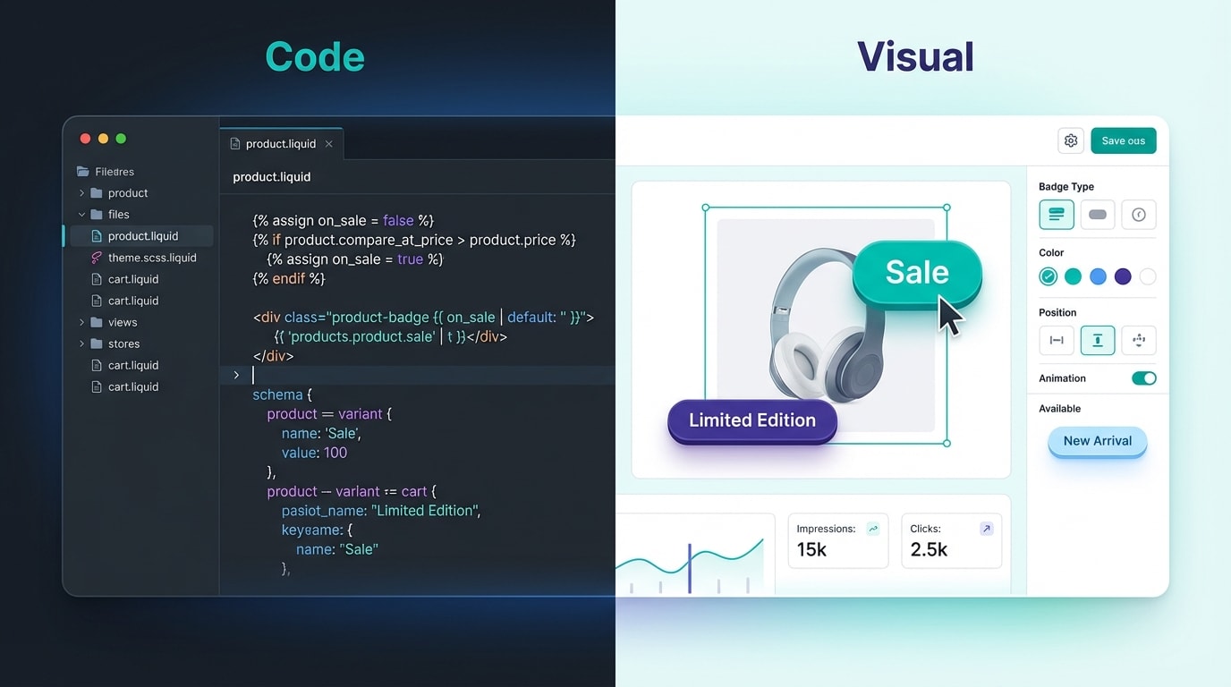 Split screen showing a Shopify Liquid code editor on the left and a visual drag-and-drop badge app interface on the right