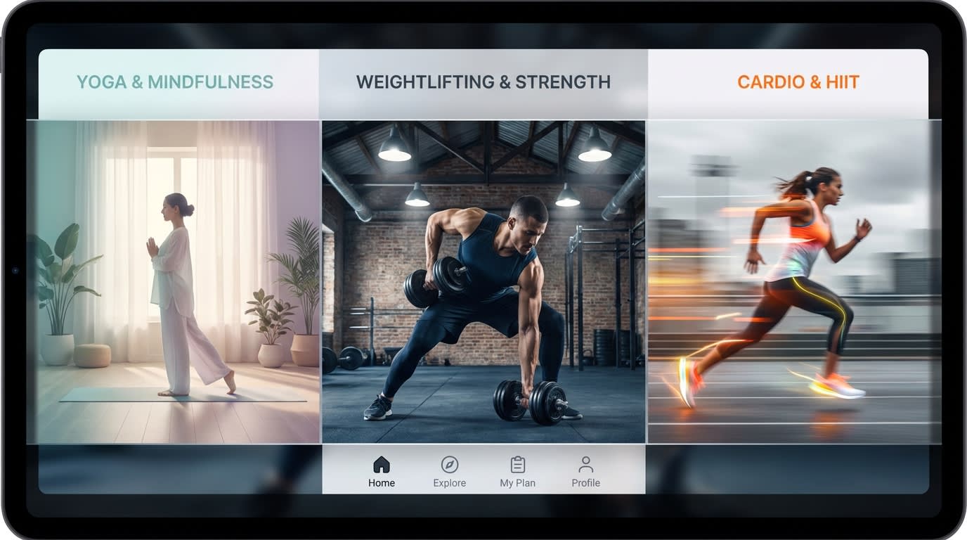 Split screen showing different video types categorized by 'Yoga', 'Weightlifting', and 'Cardio'