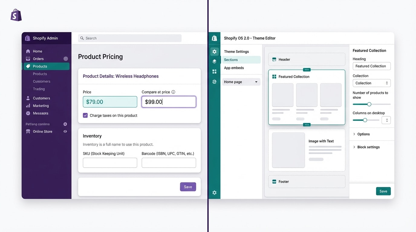 Split screen showing Shopify Admin 'Compare at price' field next to the OS 2.0 Theme Editor block setup