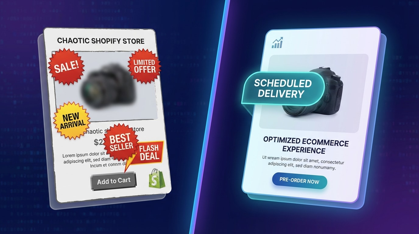 Visual graphic comparing a cluttered Shopify product card with multiple badges versus a clean card with a single, highly visible scheduled badge